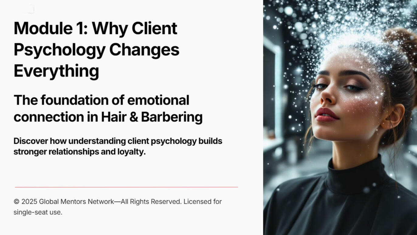 Hairdresser smiling while styling a happy client, representing emotional connection in salon consultations
